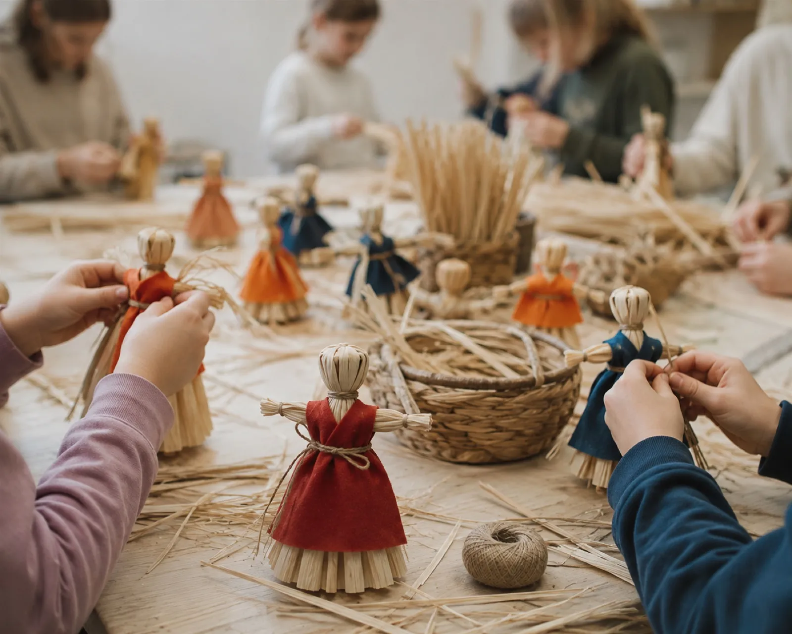 Children making corn husk dollies around a table at a Wheel of the Year workshop